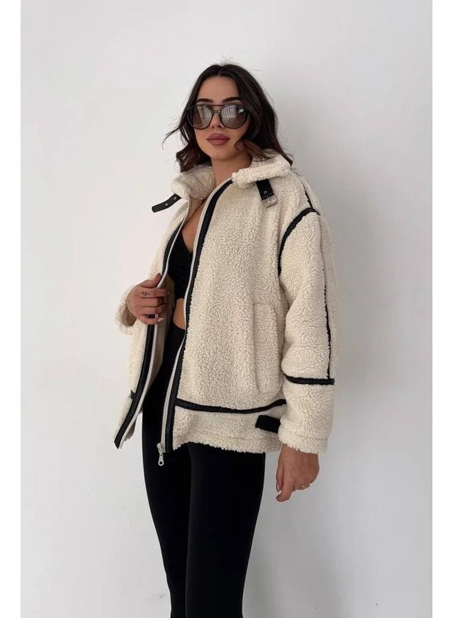 Noa Noa Women’s Black-Trim Plush Jacket – Frost Edge