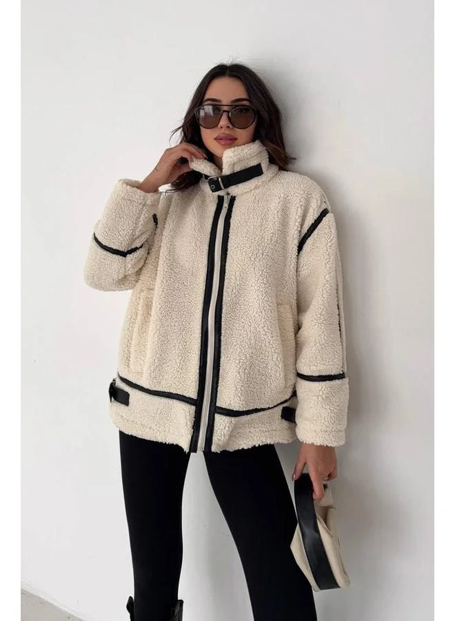 Noa Noa Women’s Black-Trim Plush Jacket – Frost Edge