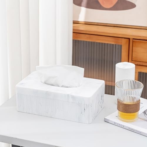 Polytree Marble Tissue Box Cover, Rectangular Napkin Facial Tissues Holder for Home Office, Hand Poured Marble Tissue Box Holder, 10 x 5.7 x 3.7 inches, White - Image 2