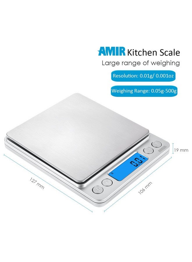 امير (مُحسّن) ميزان مطبخ رقمي من أمير، ميزان مجوهرات صغير للجيب، ميزان طعام، ميزان قهوة، شاشة LCD بإضاءة خلفية، صينيتان، 6 وحدات، إيقاف تلقائي، الوزن الصافي، قطع، فولاذ مقاوم للصدأ (يتضمن بطاريات) - Image 5