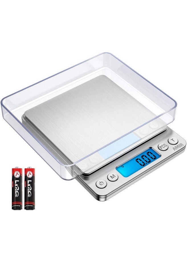 امير (مُحسّن) ميزان مطبخ رقمي من أمير، ميزان مجوهرات صغير للجيب، ميزان طعام، ميزان قهوة، شاشة LCD بإضاءة خلفية، صينيتان، 6 وحدات، إيقاف تلقائي، الوزن الصافي، قطع، فولاذ مقاوم للصدأ (يتضمن بطاريات) - Image 1