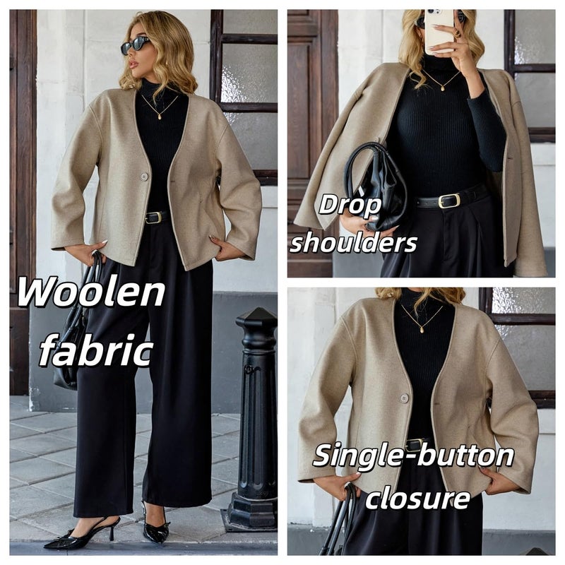 HOTIAN Women Cropped Wool Blend Coats Long Sleeve Coat Jacket Peacoat Fall Winter Outwear Overcoat(Khaki,M) - Image 3