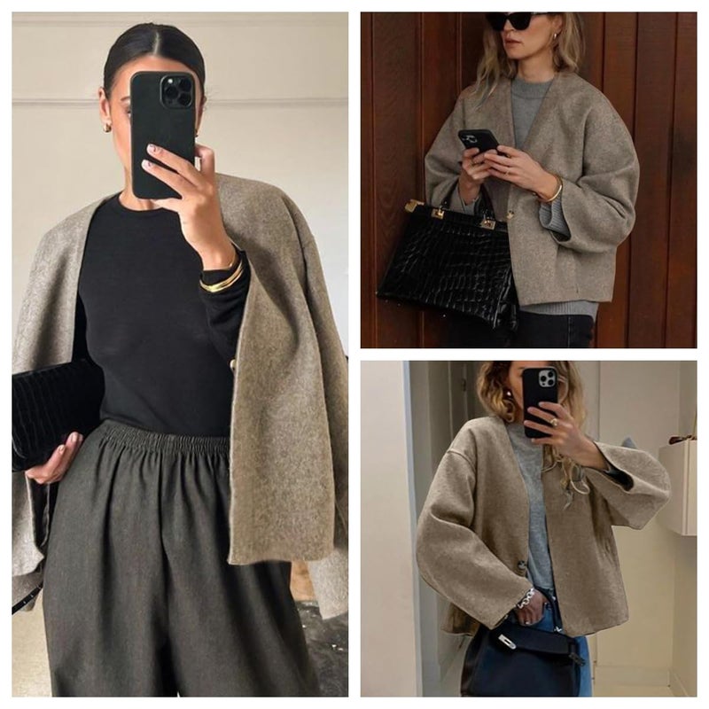 HOTIAN Women Cropped Wool Blend Coats Long Sleeve Coat Jacket Peacoat Fall Winter Outwear Overcoat(Khaki,M) - Image 5