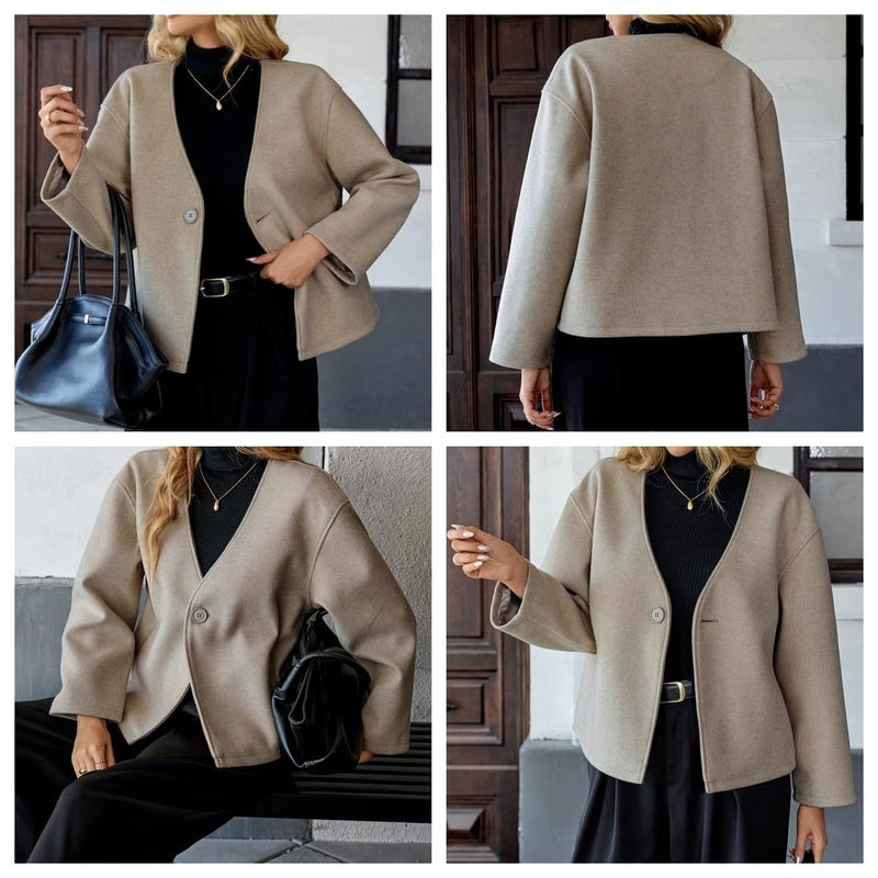 HOTIAN Women Cropped Wool Blend Coats Long Sleeve Coat Jacket Peacoat Fall Winter Outwear Overcoat(Khaki,M) - Image 4