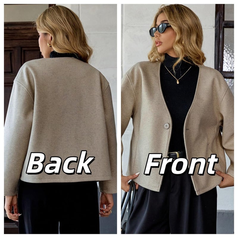 HOTIAN Women Cropped Wool Blend Coats Long Sleeve Coat Jacket Peacoat Fall Winter Outwear Overcoat(Khaki,M) - Image 2