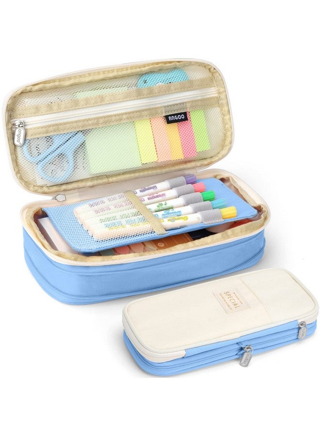 KPX Big Capacity Pencil Pen Case Bag With Zipper Office College School Storage Large Capacity Bag Pouch Holder Box Organizer Colorful (Light Blue) - Image 1