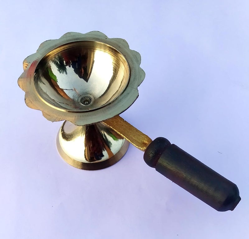 Generic Maa Tara 100 Pure Brass Kapoor Dani for Puja With Wood Handle Dhoop Dani Camphor Burner Small Size Gold  - Image 2