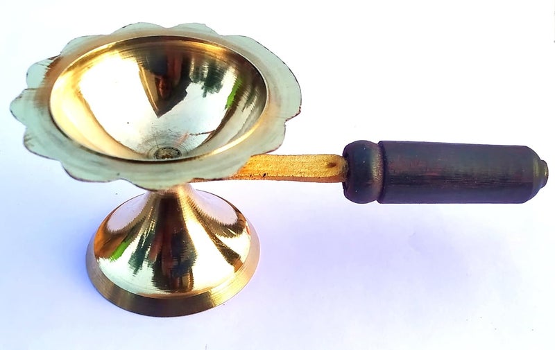Generic Maa Tara 100 Pure Brass Kapoor Dani for Puja With Wood Handle Dhoop Dani Camphor Burner Small Size Gold  - Image 1