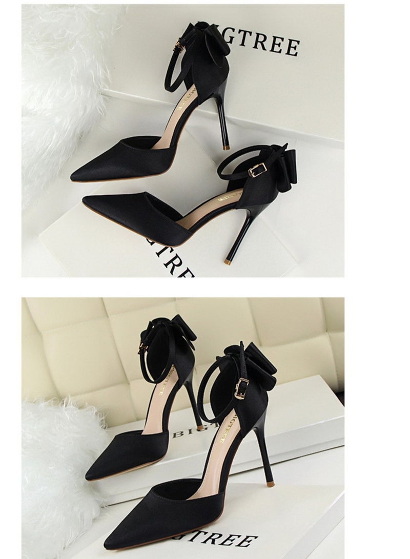 BIGTREE 10CM Elegant High Heels Satin Hollow Shallow Mouth Pointed Line With Hollow Bow Bow Women's Shoes Black - Image 2