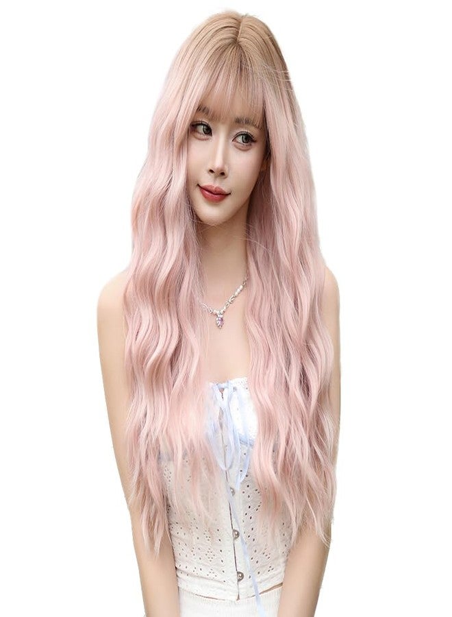 AIKO PRO Long Ombre Pink Curly Wigs for Women 26 inch Long Wavy Wigs with Bangs, Upgraded Protein Fiber Hair Replacement Wig Cosplay Costume Halloween Party Wig, Ombre Pink - Image 1