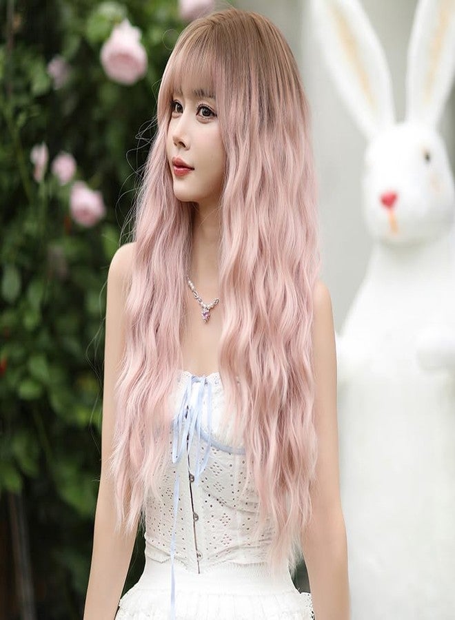 AIKO PRO Long Ombre Pink Curly Wigs for Women 26 inch Long Wavy Wigs with Bangs, Upgraded Protein Fiber Hair Replacement Wig Cosplay Costume Halloween Party Wig, Ombre Pink - Image 4