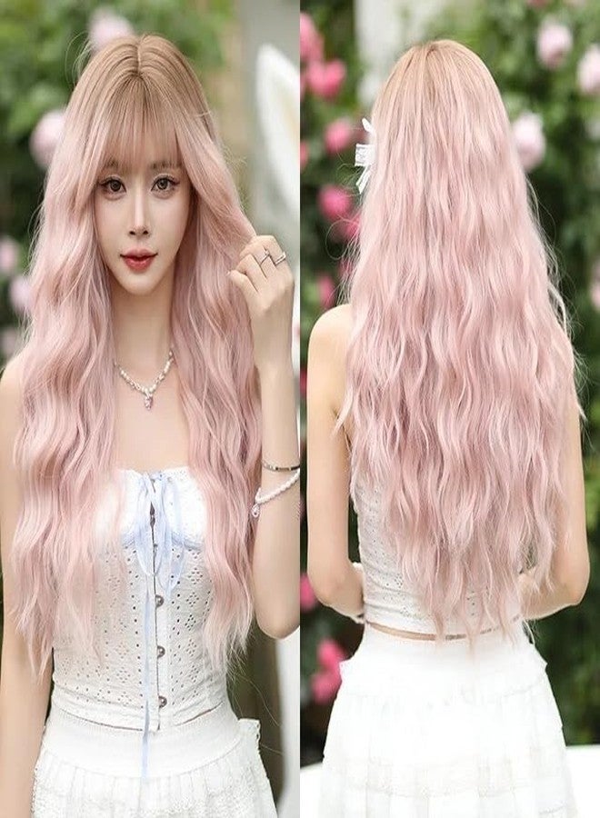 AIKO PRO Long Ombre Pink Curly Wigs for Women 26 inch Long Wavy Wigs with Bangs, Upgraded Protein Fiber Hair Replacement Wig Cosplay Costume Halloween Party Wig, Ombre Pink - Image 2