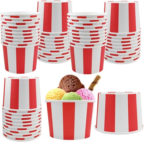 EaciTown 50 Pcs Red White Striped Ice Cream Cups Disposable Paper Snack Bowls 9oz Circus Carnival Paper Dessert Containers For Hot Or Cold Soup Yogurt Christmas Food Containers - Image 1