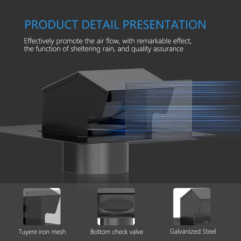 Hon&Guan 4 Inch Roof Vent Cap - Galvanized Steel Exhaust Vent with Damper, Black - Image 4