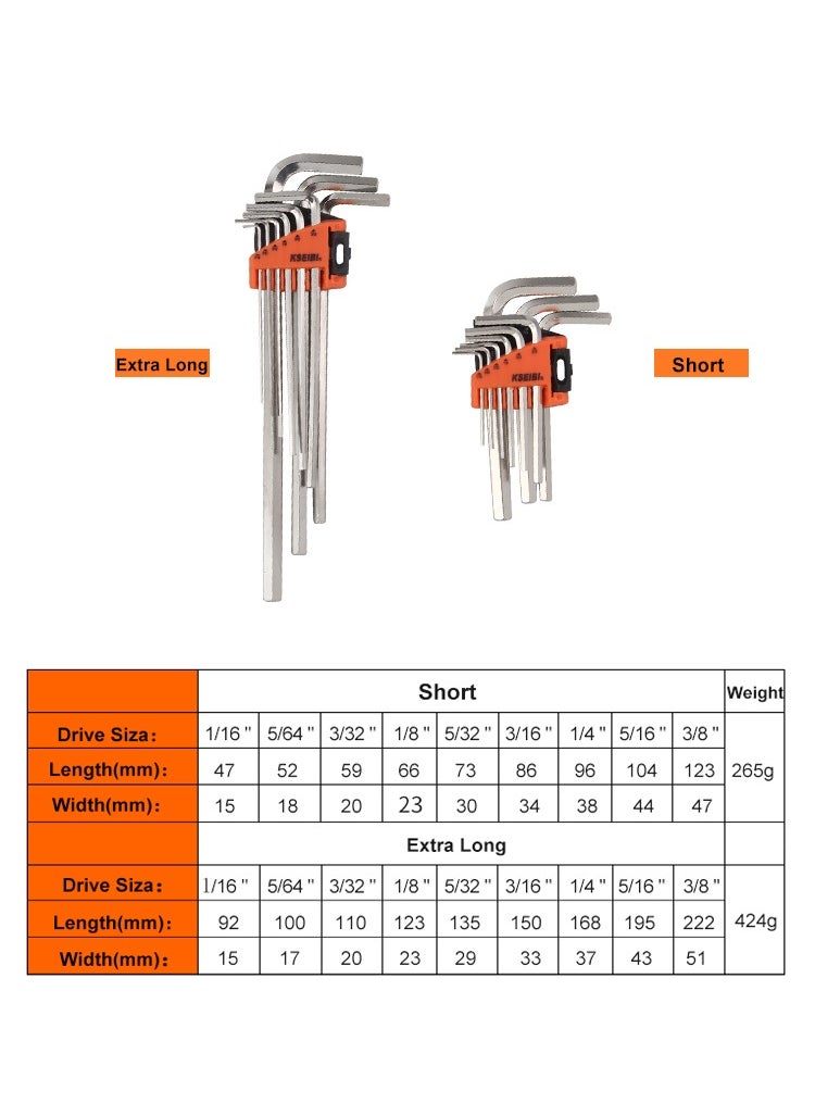 KSEIBI Hex Key Wrench Set Long 9-PC. SAE, Size 1/16"-3/8", Long Arm Ball End Hex Key Wrench Set for Damaged Fasteners, Standard, Rounded Bolts, Long End - Zeon Series, L-Wrenches for Tight Places, Orange.  - Image 2