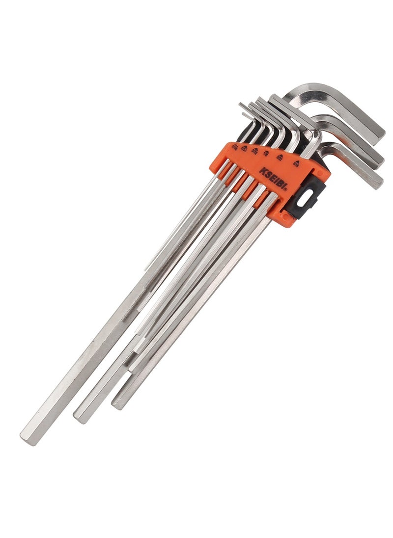 KSEIBI Hex Key Wrench Set Long 9-PC. SAE, Size 1/16"-3/8", Long Arm Ball End Hex Key Wrench Set for Damaged Fasteners, Standard, Rounded Bolts, Long End - Zeon Series, L-Wrenches for Tight Places, Orange.  - Image 1