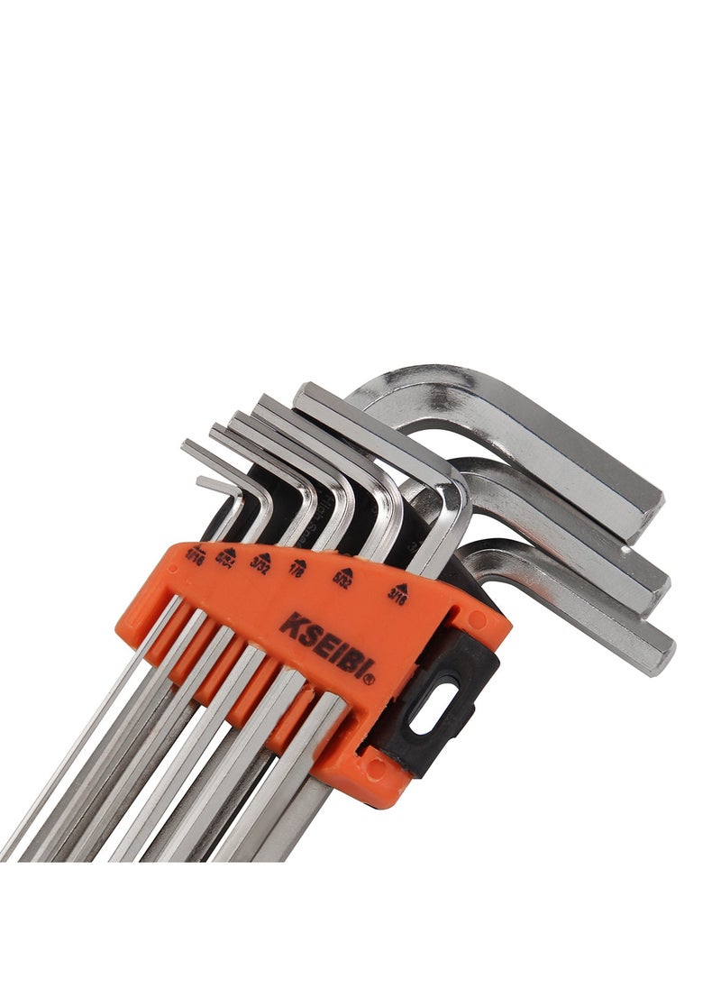 KSEIBI Hex Key Wrench Set Long 9-PC. SAE, Size 1/16"-3/8", Long Arm Ball End Hex Key Wrench Set for Damaged Fasteners, Standard, Rounded Bolts, Long End - Zeon Series, L-Wrenches for Tight Places, Orange.  - Image 3