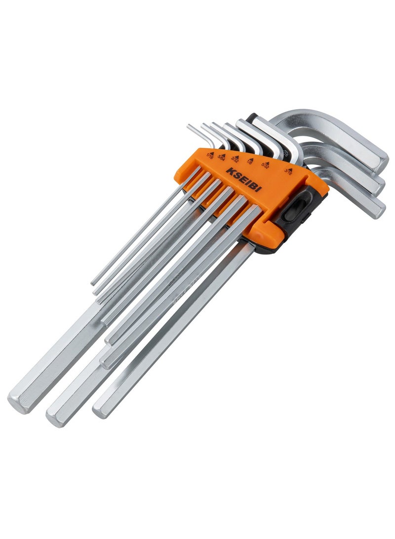 KSEIBI Hex Allen Key Wrench Set Long 9-PC. SAE, Size 1/16"-3/8", Long Arm Ball End Hex Key Wrench Set for Damaged Fasteners, Standard, Rounded Bolts, Long End - Zeon Series, L-Wrenches for Tight Places, Orange. - Image 1