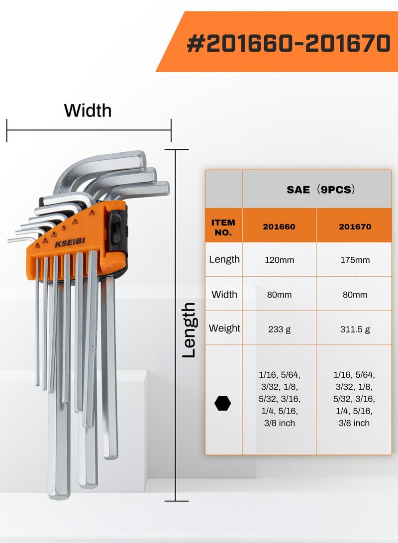 KSEIBI Hex Allen Key Wrench Set Long 9-PC. SAE, Size 1/16"-3/8", Long Arm Ball End Hex Key Wrench Set for Damaged Fasteners, Standard, Rounded Bolts, Long End - Zeon Series, L-Wrenches for Tight Places, Orange. - Image 2