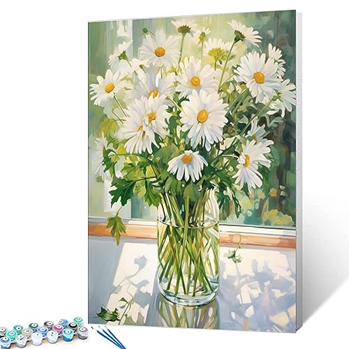 Tucocoo White Daisy DIY Paint by Numbers for Adults White Flowers with Green Leaves in Vase DIY Oil Painting Kits Canvas with Acrylic Paint Floral Plant Art 16x20 Inch Without Frame - Image 3