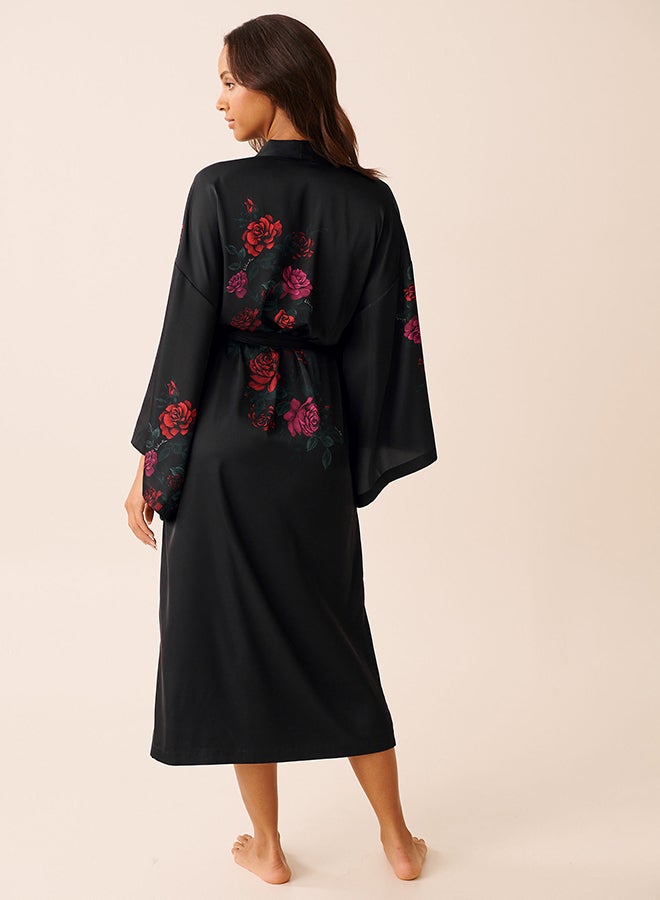 La Vie en Rose Red Rose Print Long Satin Kimono - Image 2