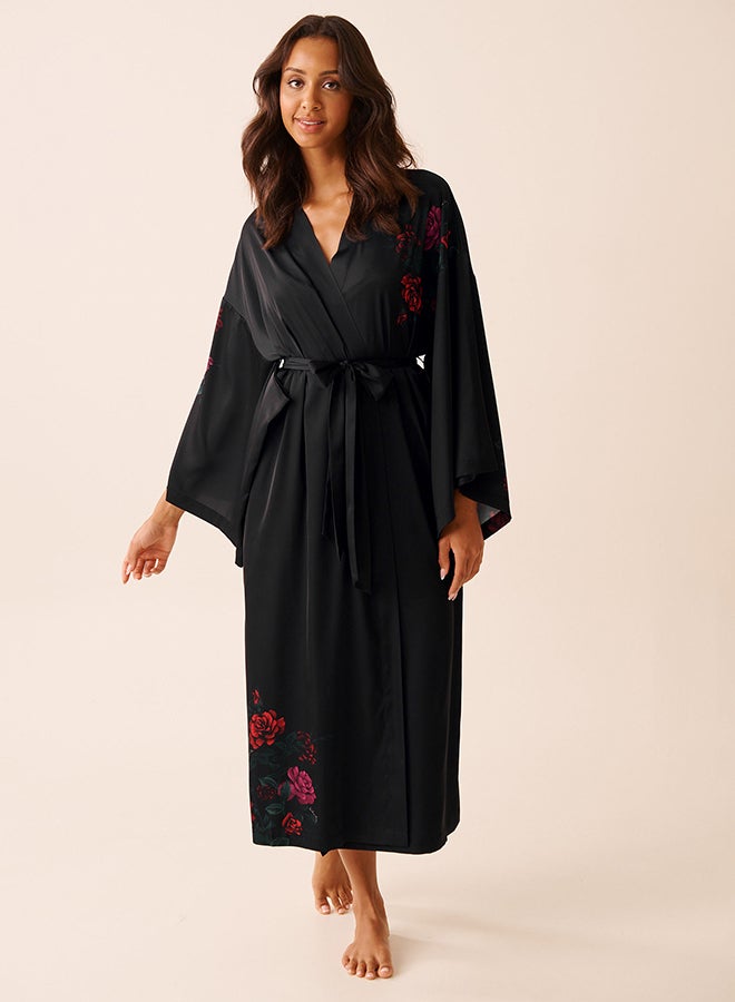 La Vie en Rose Red Rose Print Long Satin Kimono - Image 5