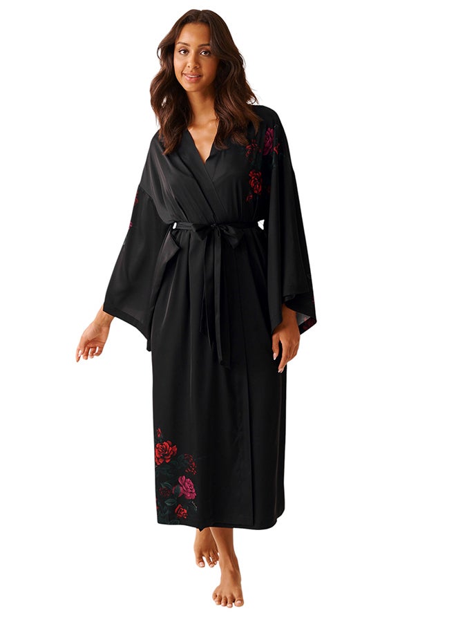 La Vie en Rose Red Rose Print Long Satin Kimono - Image 1