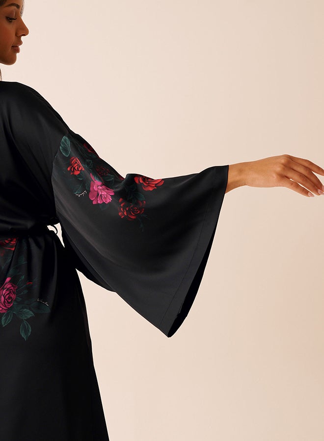 La Vie en Rose Red Rose Print Long Satin Kimono - Image 3