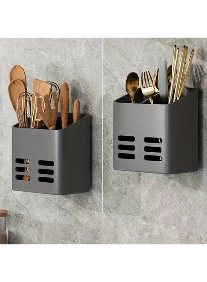 Gray Wall Mounted Utensil Holder With Drain Basket Rust Resistant Space Saving Punch Free Easy Install For Kitchen And Bathroom - Image 1
