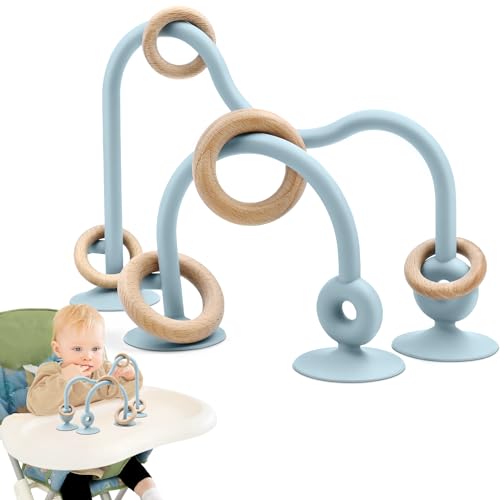 AiTuiTui Baby Sensory High Chair Suction Toys for Infant Toddlers 6 12 18 24 Months, Food Grade Silicone String with Oak Loop Montessori Educational Parent-Child Baby Bath Toy (Blue) - Image 1