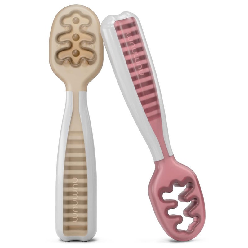 num nums NumNum Baby Spoons Set, Baby Essentials Pre-Spoon GOOtensils for 6+ Months, First Stage Self-Feeding Spoons for Baby Led Weaning (BLW), Silicone Toddler Utensils, BPA-Free, 2 Pack Beige/Mauve - Image 1