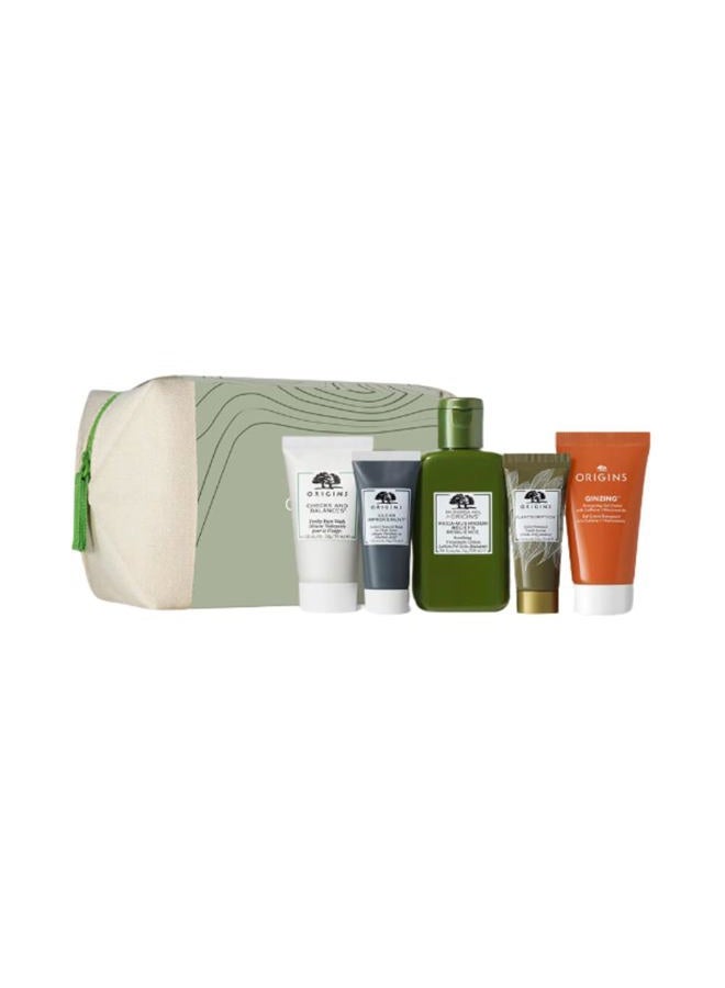 Origins Best Sellers Set for Women - 5 Pc 1oz Checks Face Wash, 3.8oz Lotion, 0.5oz Clear Charcoal Face Mask,1.62oz Serum, 1.69oz Moisturizer - Image 1