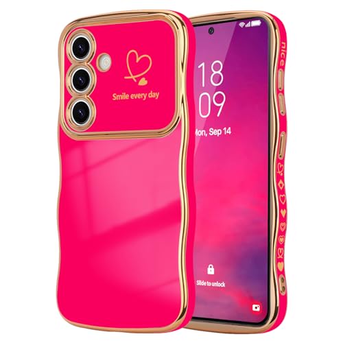 LCHULLE for Samsung Galaxy S24 FE Case for Women Girls, Cute Wave Frame Curly Shape with Love Heart Raised Camera Protection Cover Luxury Plating Shockproof Phone Case for Galaxy S24 FE, Hot Pink - Image 1