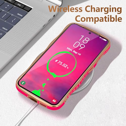 LCHULLE for Samsung Galaxy S24 FE Case for Women Girls, Cute Wave Frame Curly Shape with Love Heart Raised Camera Protection Cover Luxury Plating Shockproof Phone Case for Galaxy S24 FE, Hot Pink - Image 5
