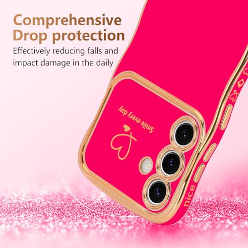 LCHULLE for Samsung Galaxy S24 FE Case for Women Girls, Cute Wave Frame Curly Shape with Love Heart Raised Camera Protection Cover Luxury Plating Shockproof Phone Case for Galaxy S24 FE, Hot Pink - Image 3