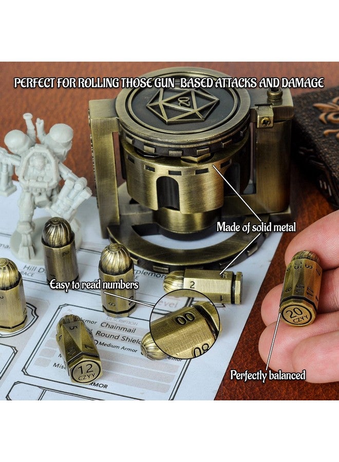 CZYY Metal Polyhedral Bullet Dice Set Of 7 With Spinning Revolver Cylinder Container - Cyberpunk Style Dice For Warhammer 40K, D&D, Sci-Fi, War, Or Crime Theme Tabletop Games (Bronze) - Image 3