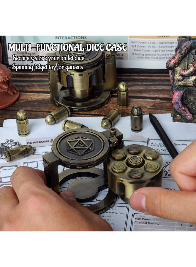 CZYY Metal Polyhedral Bullet Dice Set Of 7 With Spinning Revolver Cylinder Container - Cyberpunk Style Dice For Warhammer 40K, D&D, Sci-Fi, War, Or Crime Theme Tabletop Games (Bronze) - Image 2