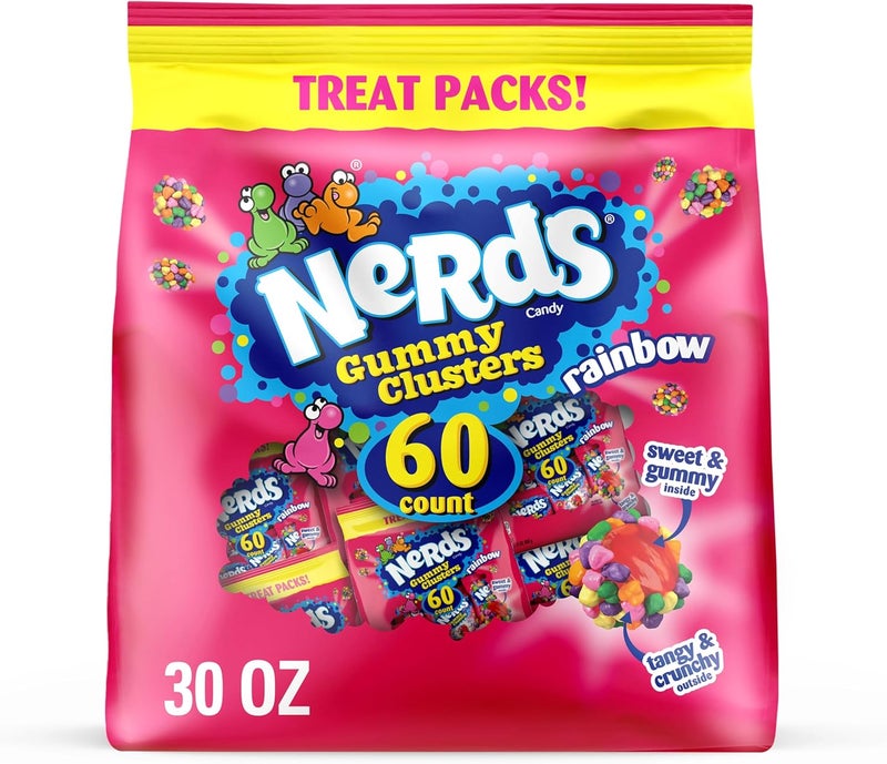 NERDS Gummy Clusters Candy Treat Packs - Rainbow Flavor, 30 oz (60 ct) - Crunchy and Gummy Halloween Candy Variety Pack - Image 1