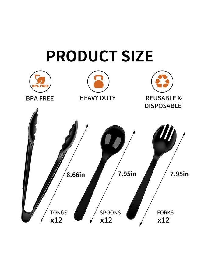 Dualshine 36 PCS Black Plastic Serving Utensils Includ Black Plastic Serving Spoons, Black Plastic Tongs and Black Plastic Forks,Disposable Serving Utensils for Party（12 Serving Utensil Set) - Image 2