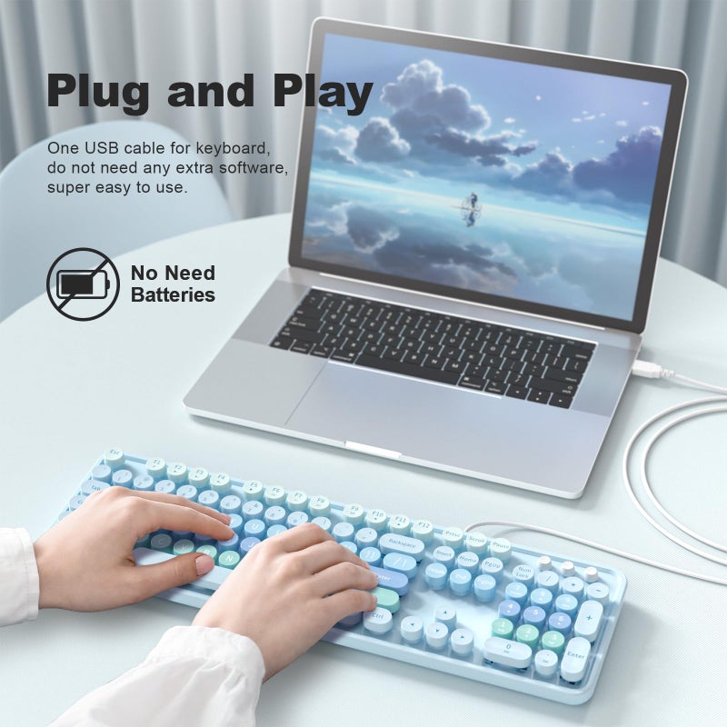 MOWUX Large Print Keyboard Wired, Full Size Wired Retro Round Keyboard with Foldable Stands, Plug and Play for Laptop and Office PC- Blue Gradient - Image 3