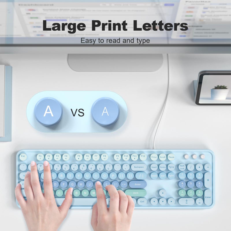 MOWUX Large Print Keyboard Wired, Full Size Wired Retro Round Keyboard with Foldable Stands, Plug and Play for Laptop and Office PC- Blue Gradient - Image 2