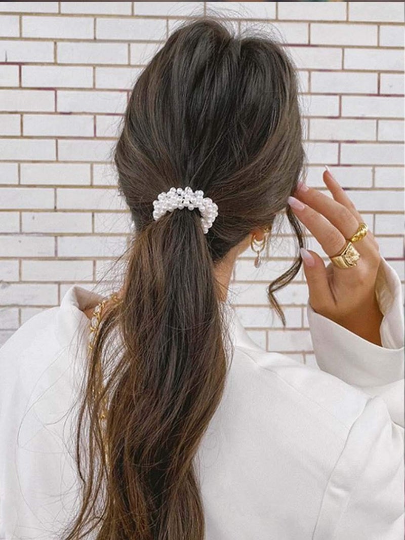 Brinie Pearl Hair Ties Champagne Elastic Scrunchies Stretchy Bands Bead Ropes Hair Accessories for Women and Girls (Pack of 3) (set1) - Image 3