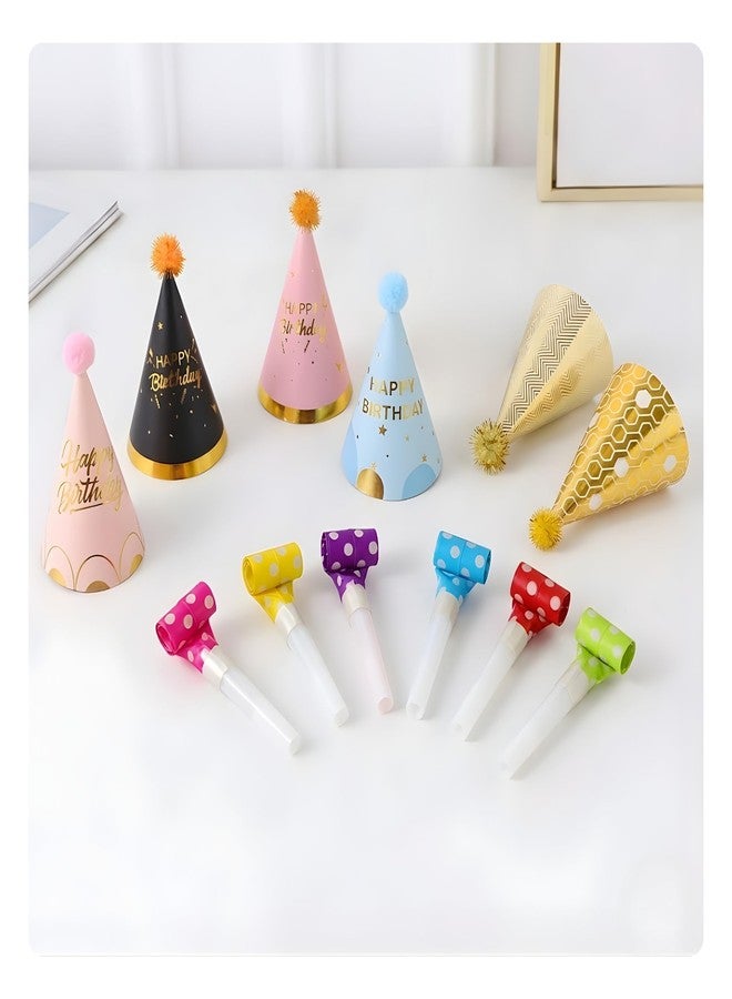 Shimmers Birthday Celebration Set of 12, Multicolor Cone Hats with Party Blowouts for Kids Adults, Fun Photo Booth Props Return Gift Accessories - Image 1