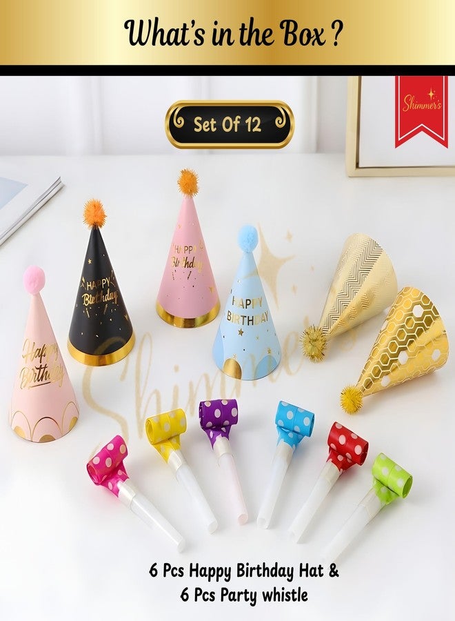 Shimmers Birthday Celebration Set of 12, Multicolor Cone Hats with Party Blowouts for Kids Adults, Fun Photo Booth Props Return Gift Accessories - Image 2