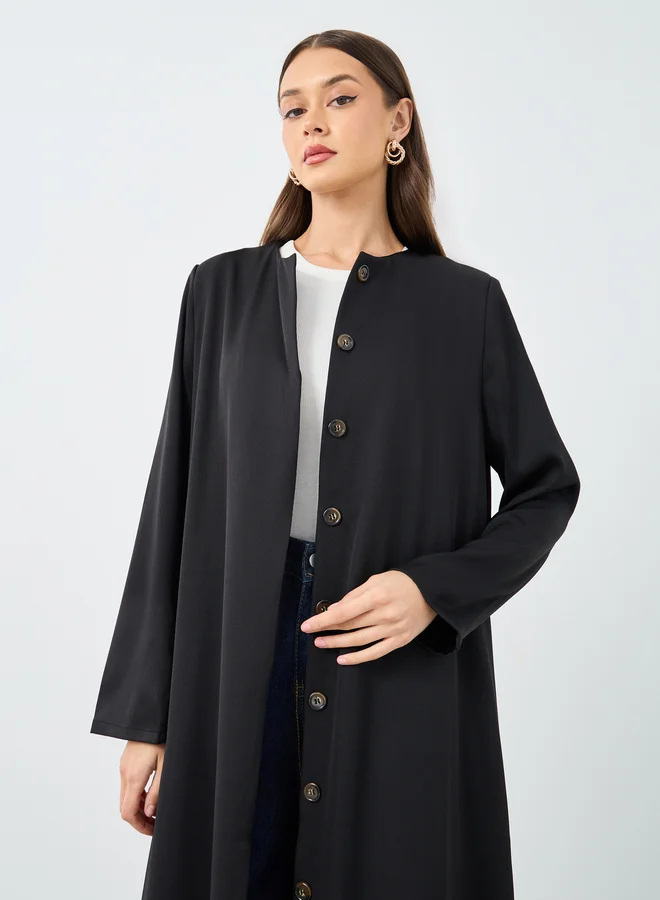 Styli Styli Solid Round Neck Open Front Abaya with Button Detail