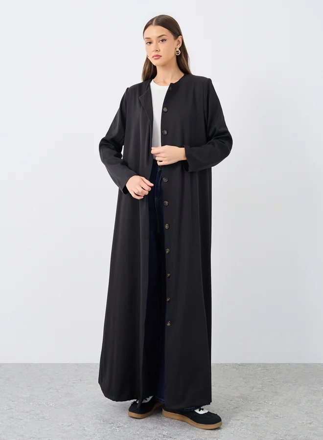 ستايلي Styli Solid Round Neck Open Front Abaya with Button Detail
