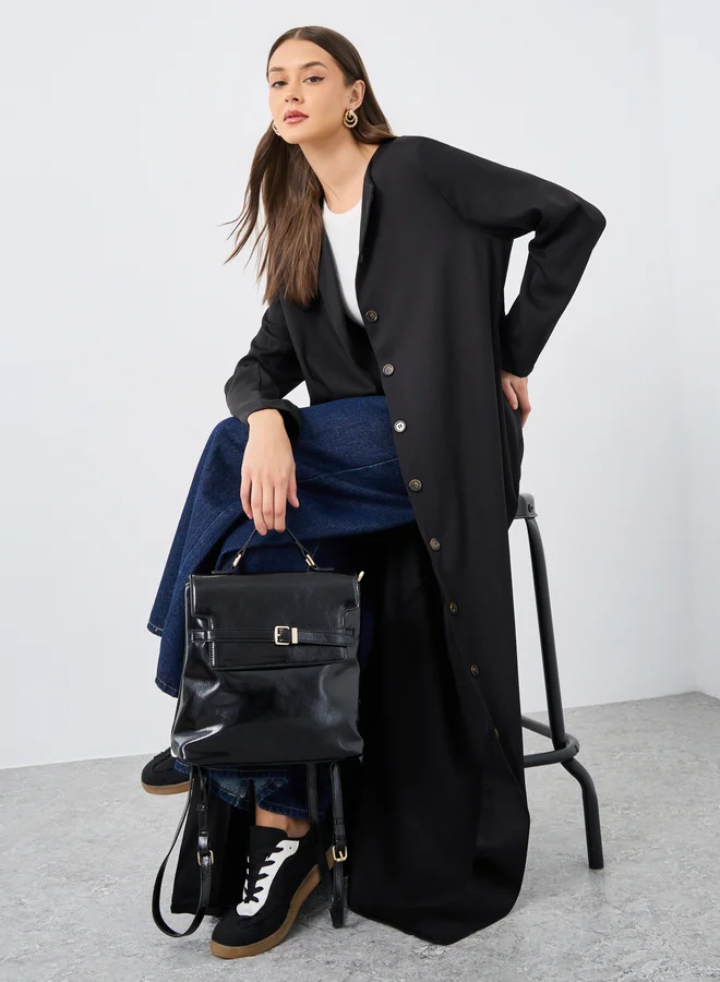 ستايلي Styli Solid Round Neck Open Front Abaya with Button Detail