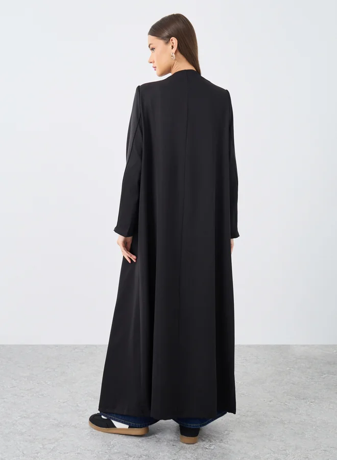 Styli Styli Solid Round Neck Open Front Abaya with Button Detail