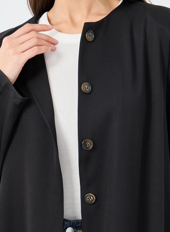 Styli Styli Solid Round Neck Open Front Abaya with Button Detail