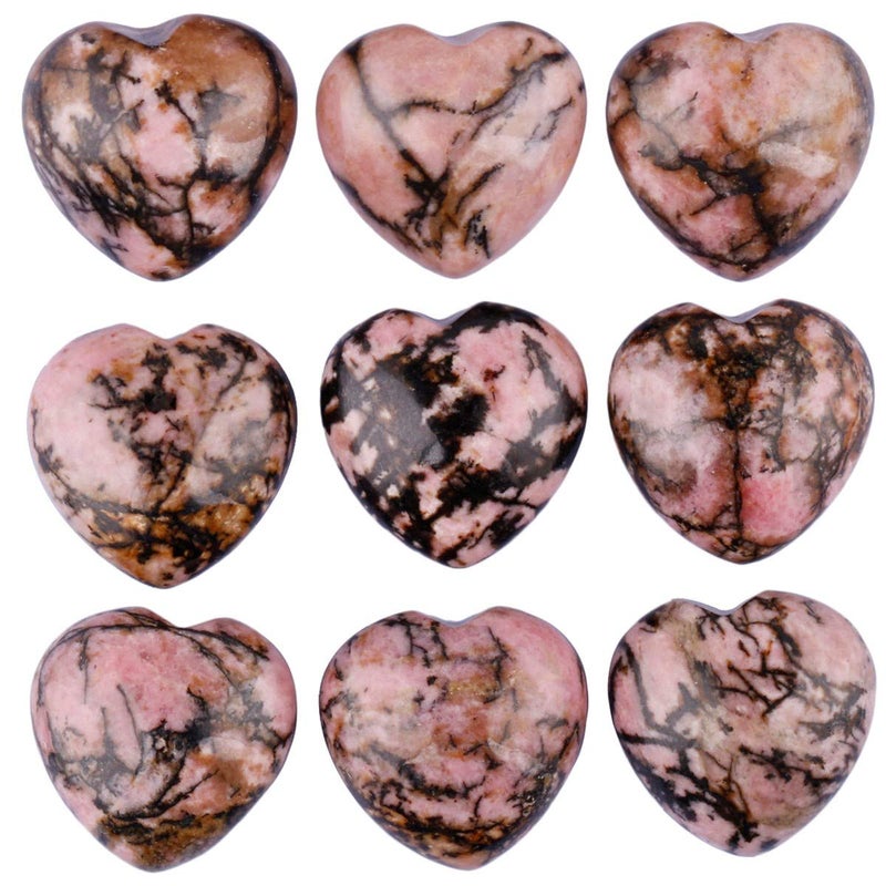 SUNYIK Carved Gemstone Puffy Heart Pocket Stone Healing Crystal Chakra Reiki Rhodonite 1 Pack of 5